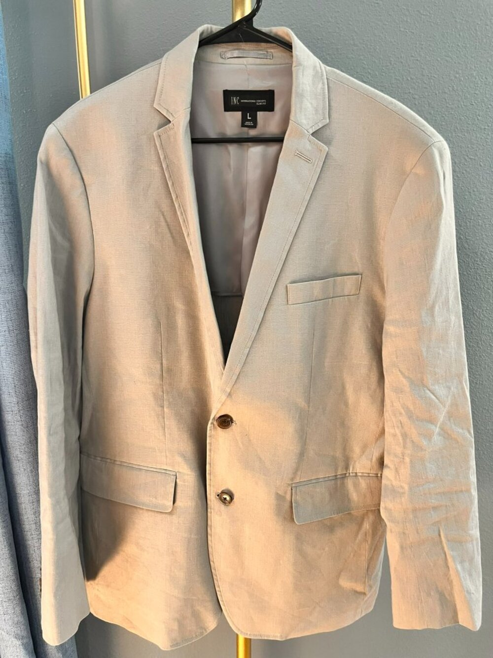 INC Mens Beige Linen Blend Slim Fit Blazer Suit Jacket Size Large Summer Formal
